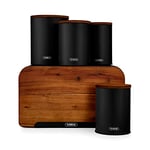 Tower T826140BLK Scandi 5 Piece Acacia Wood Storage Set with Bread Bin, Biscuit Barrel, Canisters, Black