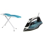 Mabel Home Adjustable Height, Deluxe, 4-Leg, Ironing Board, Extra Cover, Blue/White Patterned & Russell Hobbs Supreme Steam Traditional Iron 23260, 2600 W - Teal/Black