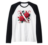 Red Rose Roses Flower Floral Design Monogram Letter N Raglan Baseball Tee