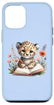 Coque pour iPhone 14 Pro Adorable guépard écrit dans un carnet sur fond bleu