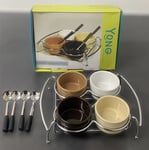 4 Bowl Ceramic Chocolate or Cheese Fondue Set with Chrome Stand and 4 Spoons
