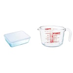 Pyrex Rectangular Dish with Plastic Lid, 0.8L & Glass Measuring Jug, Transparent, 1 Litre