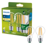Philips Ultra Efficient - Ultra Energy Saving Lights, LED Light Source, 60W, E27, A60, Clear Glass, Warm White Light, 2700 Kelvin, dimmable, 2-Pack