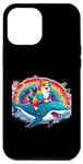 Coque pour iPhone 14 Pro Max Rainbow Galaxy Cat chevauchant un requin dans l'espace avec un chat et un requin amusants