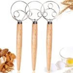 3PCS Danish Dough Whisks, Kalolary Premium Mixing Whisk Tools for Kitchen Baking Wooden Handle Stainless Steel Manual Dough Mixer Bread Cake Making(3 Size Included)