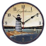 S.W.H Vintage Blue Lighthouse Wall clock,Silent Waterproof Battery Wooden Clocks for Living Room Bathroom,10 Inch
