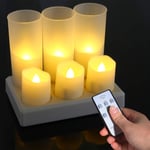 Rechargeable Flameless Candles, Ymenow 6 Packs Battery Operated LED Flickering Tea Lights with Remote Timer, Charging Base & Frosted Cups for Festivals Halloween Xmas Party Home Wedding Dinner Decor