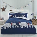 Navy Blue Polar Bear Christmas Reindeer Winter SINGLE Duvet Cover Bedding Set