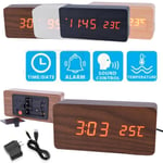 New Voice Control Modern Wooden Digital Led Alarm Clock Calendar Brown 13cm*7cm*4cm