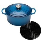 Le Creuset Signature Cast Iron Round Casserole with Cool Tool, 28 cm - Marseille Blue