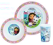 FUN HOUSE GABBY ET LA MAISON MAGIQUE ENSEMBLE REPAS INCLUANT 1 VERRE 220 ML, 1 ASSIETTE Ø 22 CM ET 1 BOL Ø 16 CM MICRO-ONDABLES POUR ENFANT, Rose