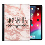 Personalised Initial Case For Apple iPad (2019) 10.2 inch (7th Generation), Peach Pink Marble Print with Hearts, Arrow and Custom Text, 360 Swivel Leather Side Flip Folio Cover, Marble Ipad Case