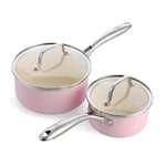 GreenLife Artizan Healthy Ceramic Non-Stick 14cm/1l and 18 cm/2l Saucepan Pot Set with Lids, Stainless Steel Handle, Induction, PFAS-Free, Oven Safe, Pink