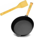 Poêle en fonte de 26 cm de 65 mm de haut avec manche en bois- Poele ronde avec spatule - Poêle à frire à induction - Convient pour barbecue à gaz, four, foyer et tous feux dont induction