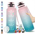 Vikaster Bouteille d'eau, Gourde sport en Tritan 1,5 litre BPA free, 1500ml Gourde Sport, Étanche & Réutilisable, avec Filtre et Marqueur Temps, Bouteille sport vélo, Gym, enfants, sport Rose/Cyan
