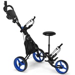 3 hjul golfvagn gjord av aluminium med paraplyhållare & säte hopfällbar golfbil golf caddie blå