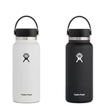 Hydro Flask Water Bottle 946 ml (32 oz), Stainless Steel & Vacuum Insulated, Wide Mouth with Leak Proof Flex Cap, White + HYDRO FLASK W32BTS001 Flex Cap Flask, 18/8 Stainless Steel, Black