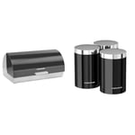 Morphy Richards 46240 Accents Roll Top Bread Bin, Stainless Steel, Translucent Black & 974065 Accents Kitchen Storage Canisters, Stainless Steel, Black, Set of 3