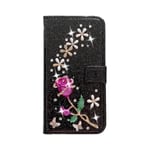 Huzhide Samsung Galaxy A21S Case, Glitter Diamonds Girly Rose Flower Magnetic Shockproof PU Leather Wallet Flip Phone Cover with Card Holder Stand TPU Bumper Protective Case for Samsung A21S, Black