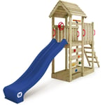 Wickey - Aire de jeux Portique bois JoyFlyer avec toboggan Maison enfant exterieur avec bac à sable, échelle d'escalade & accessoires de jeux - bleu