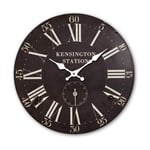 Fun Stickers Wooden MDF Round Home Wall Clock 34cm Vintage, Train, Station, Dark, Black, Metal Effect, Open Face Kensington Station Clock- Living Room, Bedroom and Kitchen - Multi-Coloured Cute Style