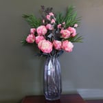 Artificial Flower Arrangement 85cm in Geometric Glass Vase Pink Peony and Berry Artificial Flowers