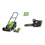 Greenworks Lawnmower G40LM35K2X and Chain Saw GD40TCS (Li-Ion 40V 35 cm Cutting Width 500 m² 40 Litre Grass Catcher 12 m/s Chain Speed 25 cm Blade Length with 2 Batteries 2 Ah & Charger)