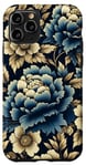Coque pour iPhone 11 Pro Motif pivoine et fleurs bleu marine et doré