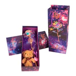teyiwei LED Rainbow Gold Rose,Galaxy Rose Gold Foil Rose Flowers with Cute Bear and Purple Gift Box for Valentines Day,Mothers Day,Birthday,Anniversary