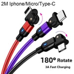 180 Degree Usb Cable For Iphone Micro Type C Fast Red