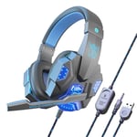 Casques De Jeu Casque Basse Stéréo Sur-Tete Écouteurs PC Ordinateur Portable Avec Microphone Casque Filaire Pour PC PS4 Xbox Téléphone Gamer-Bleu Avec Lumiere