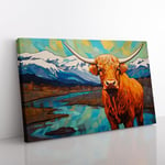 Highland Cow Art Deco No.2 Canvas Print for Living Room Bedroom Home Office Décor, Wall Art Picture Ready to Hang, 76x50 cm (30x20 Inch)