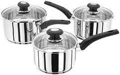 Judge Essentials HPA1 Stainless Steel Set of Pans, 3-Piece Set, 16cm, 18cm & 20cm Saucepans, Vented Glass Lids, Induction Ready, 10 Year Guarantee