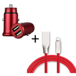 Pack Chargeur Lightning pour IPHONE 11 Pro Max (Cable Fast Charge + Mini Double Prise Allume Cigare USB) APPLE IOS - ROUGE