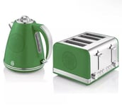 Swan Celtic Retro 1.5L Jug Kettle & 4 Slice Toaster Set Stainless Steel - Green