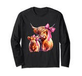 Cute Baby Scottish Highland Cow and Calf Pink Coquette Long Sleeve T-Shirt