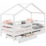 Lit cabane ena lit enfant simple montessori 90 x 200 cm, avec 2 tiroirs de rangement, en pin massif lasuré blanc - Blanc
