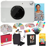 KODAK Printomatic Instant Camera (Grey) All-In-Bundle + Zink Paper (20 Sheets) + Case + Photo Album + 7 Sticker Sets + Markers + Scissors