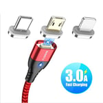 Cable Magnétique Charge rapide avec LED USB - 3x1 - Lightning Iphone / Micro-USB / USB-C - Rouge
