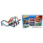 Hot Wheels Track Set and Toy Car, Large-Scale Motorized Track with 3 Corkscrew Loops, 3 Crash Zones and Toy Storage, FTB65 & 54886 10 Car Pack Assortment (Pack May Vary)