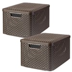 2x Curver Storage Box Rattan Style Weave Plastic L Dark Brown Lidded Handles HQ
