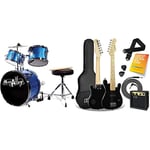 Music Alley Junior Drum Kit for Kids with Kick Drum Pedal, Drum Stool & Drum Sticks - Blue & 3rd Avenue STX30BKPK Junior Electric Guitar Pack– Black