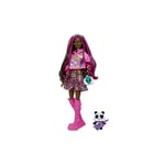 Barbie - Extra Poupée avec Panda, vêtements et Accessoires, Cheveux Bruns avec mèches Roses, Sweat à Capuche et Jupe écossaise, Jouet Enfant, Dès 3
