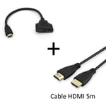 Pack HDMI pour TV (Cable HDMI 5m + Adaptateur Double HDMI) Gold 3D FULL HD 4K (NOIR)