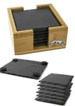 6 Square Slate Coasters in a Bamboo Holder with a pewter Greyhound d19