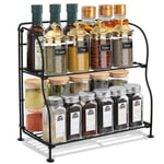 GEMITTO Spice Rack, 2-Tier Kitchen Storage Cupboard Standing Rack, Spice Rack Organizer for Cabinet, Foldable Countertop Organiser Holder for Spice & Seasoning Herb Jar, Bottle, Can, Container (Black)