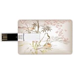 8G USB Flash Drives Credit Card Shape Vintage Bamboo Decor Memory Stick Bank Card Style Nature Bamboo Leaf and Bird Design Illustration Floral Animal Print Waterproof Pen Thumb Lovely Jump Drive U Di