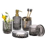 EMPO 6pcs Accessoires de Salle de Bain en Verre Transparent (Distributeur de Savon, Porte-Savon, Porte-Brosse à Dents, Gobelet, Pot à Cotons-Tige), Décoration Moderne Cristal Vintage (Gris)