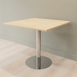 Cafébord kvadratiskt med runt pelarstativ, Storlek 60 x 60 cm, Bordsskiva Björk, Stativ Polerat rostfritt