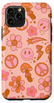 Coque pour iPhone 11 Pro Retro Preppy Groovy Smile Face Fleur Peace en Rouge Rose